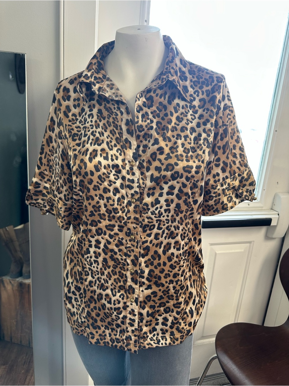 BCBGMaxAzria Leopard Print Satin Button-Down in Tan and Black